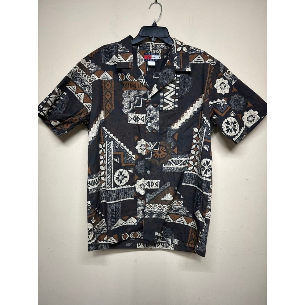Tommy Fashion Hawaii Short Sleeve Button Shirt XL Brown Black Tribal Print‎